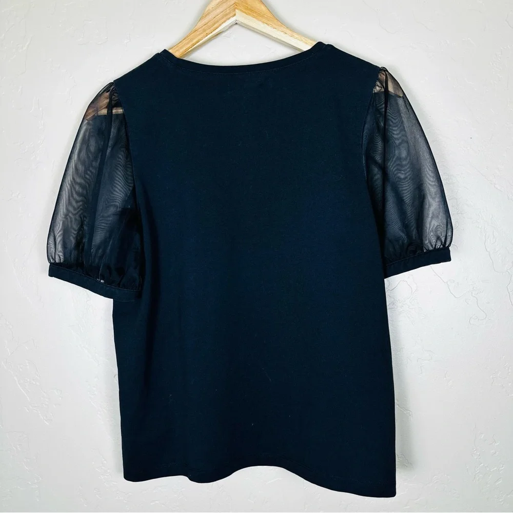 Madewell Women’s Black Sheer-Sleeve Knit Top Size Large - Picture 7 of 9